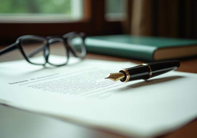 Legal documents and a fountain pen on a desk